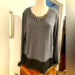 AB STUDIO XL GRAY TOP W/JEWELED NECKLINE. POLY RAYON KNIT W/CHIFFON HI-LOW HEM.
